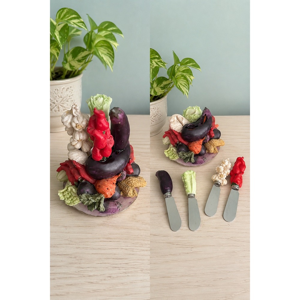 Vintage Ceramic Vegetable Cheese Spreader Set 4 Knife Holder Kitchen Decor Italy